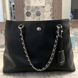 Coach luxury tote bag, Black saffiano  leather with silver chain hardware,